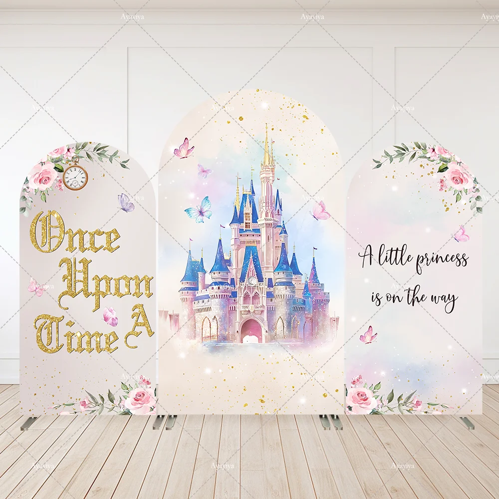 لافتة حائط مقوسة على شكل أميرة صغيرة على الطريق لحفلة استقبال المولود الجديد ذات مرة غطاء خلفية على شكل قوس لعيد ميلاد فتاة القلعة