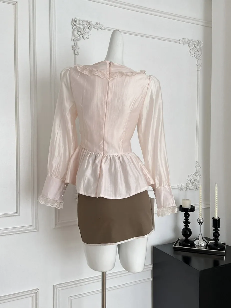 Sweet Sle Long Sve Silk irt Women Gentle Pink Tie Waist Color Blo Lace f Skirt Autumn Winter Two Piece Set