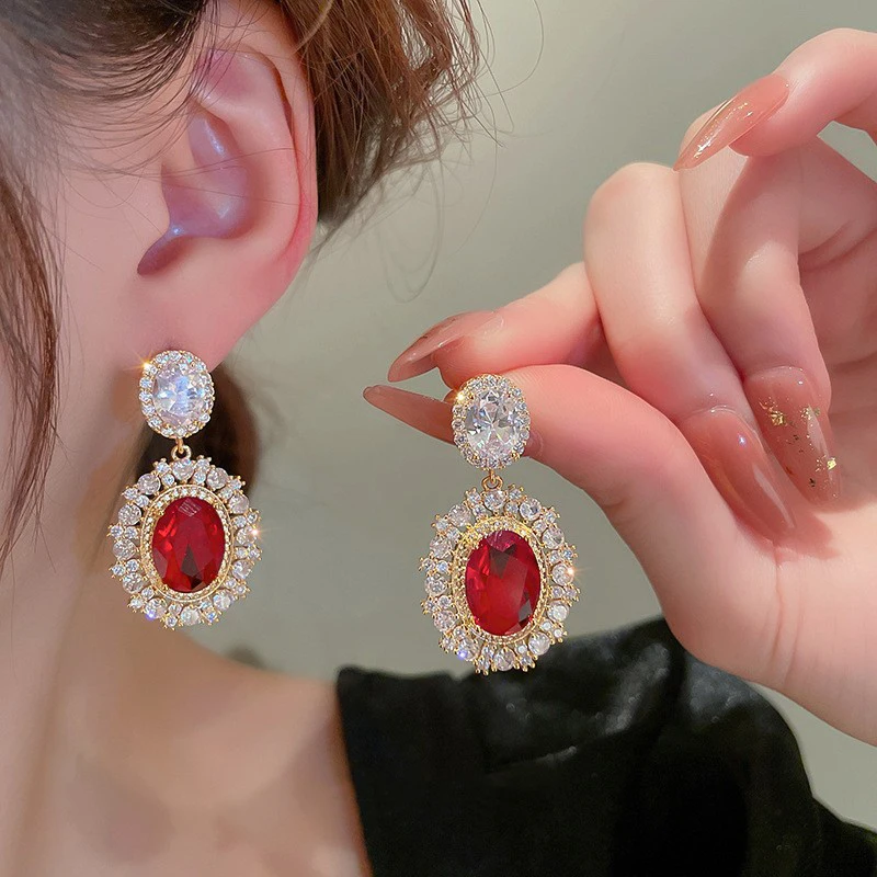 Huitan Aesthetic Gold Color Red CZ Hanging Earrings for Women Full Bling Iced Out Wedding Party Luxury Accessories Trend Jewelry