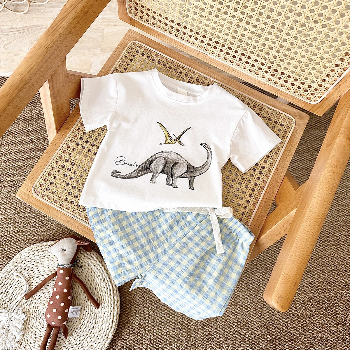 2PCS Newborn Boys Baby Clothing Set Casual Dinosaur Printed Short Sleeved T-shirt+Checkered Shorts Girls Summer Children Set