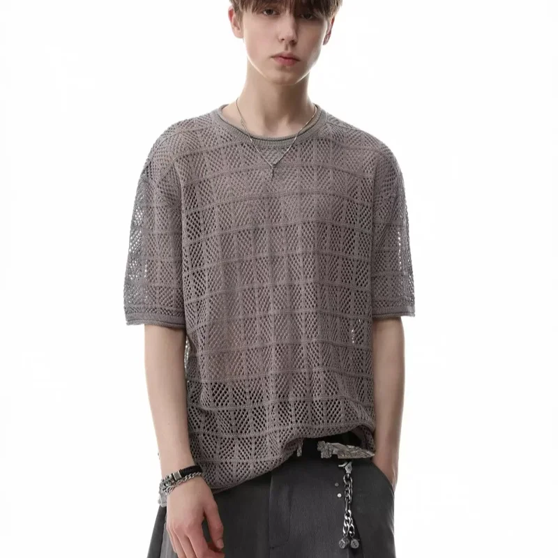 

Knitted Hollow Out Design Thin Short Sleeve T-shirts For Man In Summer New Style Niche Fashion Brand Loose Breathable Tops