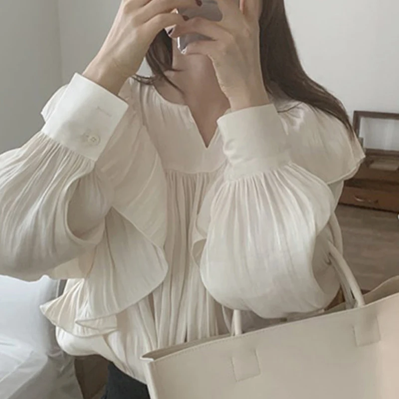 Korean Style Solid Loose Ruffled Folds Women Blouse Long Sleeve Casual Lantern Sleeve Women Blouse Half Open Collar Lady Tops