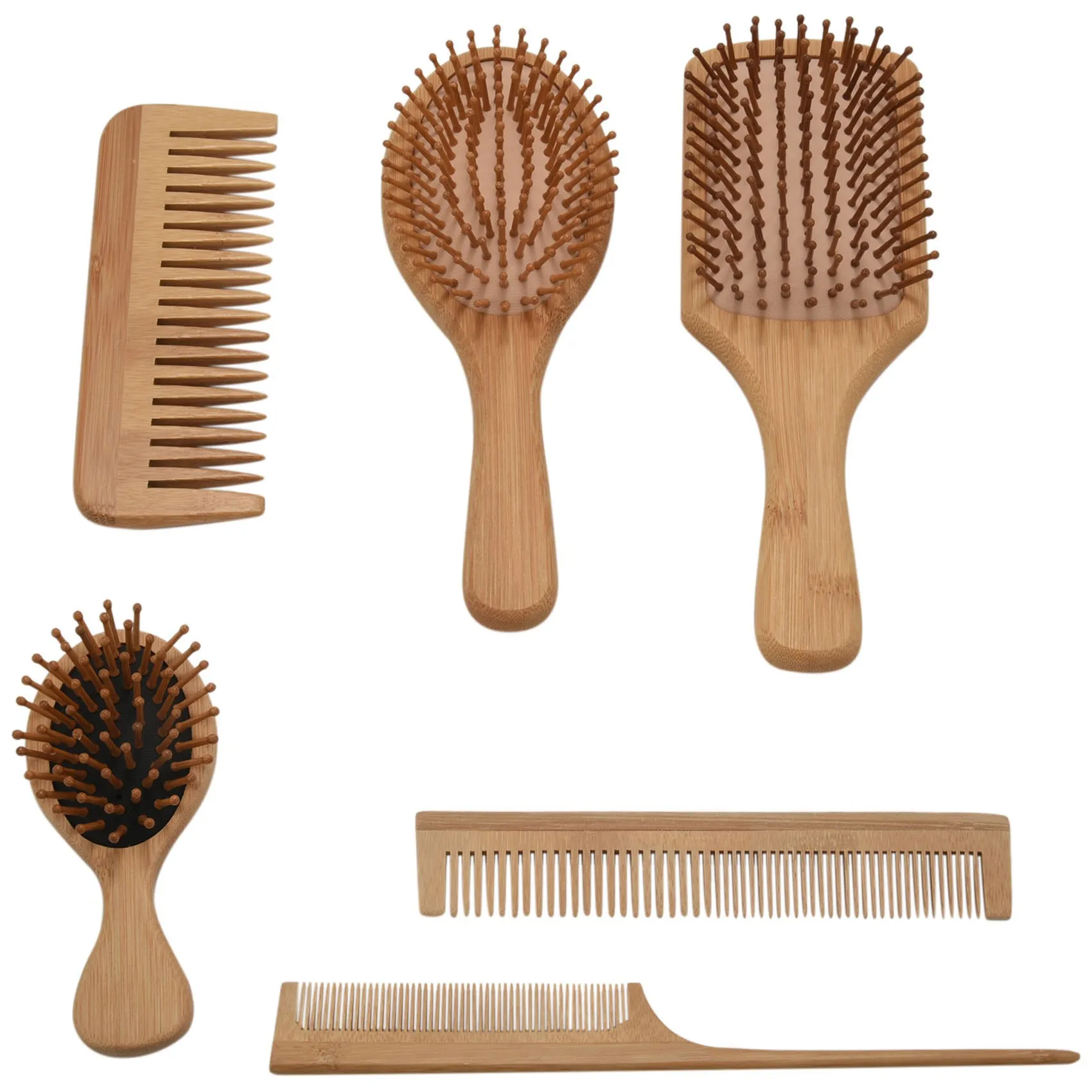 6PC/Set Wood Comb Healthy Paddle Cushion Hair Loss Massage Brush Hairbrush Comb Scalp Hair Care Healthy Bamboo Comb