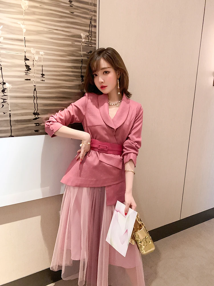 Commute Style Skirt Sets Women's 2023 Spring New Shawl Collar Striped Waist-Tight Suit Pleated Mesh Ladies Two Piece Set Outfits