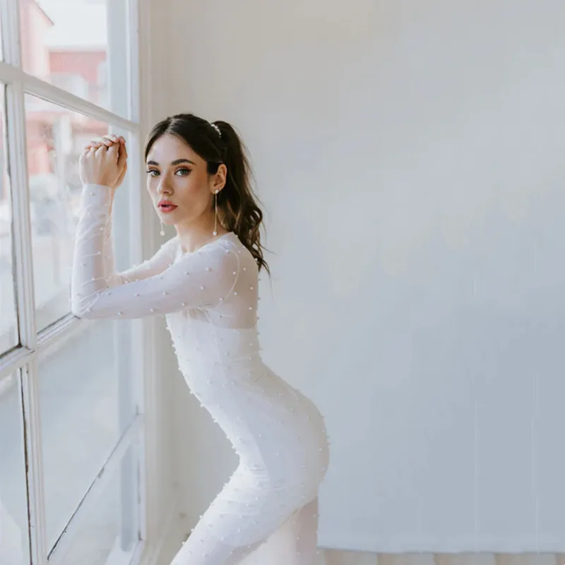 

Morden Simple Sheath Party White Short Wedding Dress Long Sleeves Tiered Pleat Pearls High Neck Bride Gown Mid-Calf Bridal Dress