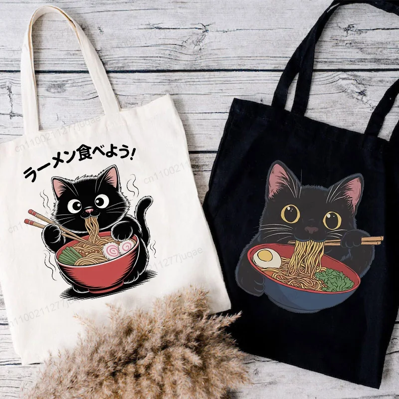 Ramen Cat Anime Graphic Women Canvas Shoulder Tote Bag Cartoon Animal Kitten Lover Funny Shopping Bag Students Reusable Handbags