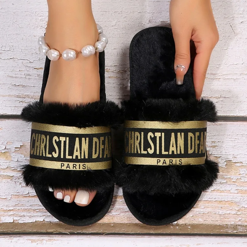 Women Plush Slippers New Fashion Metal Flat Cotton Slippers Non Slip Warm Shoes Comfortable Home Slides Women Zapatos De Mujer