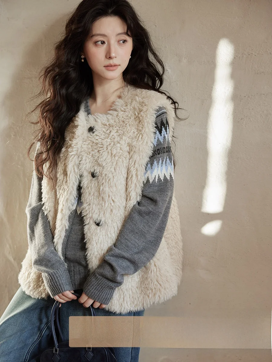 

Женский модный жилет из искусственного меха Ele Lamb Fur, свободного кроя, с пуговицами, из смесового полиэстера, для повседневной носки