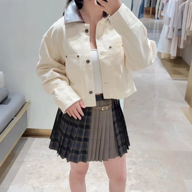 

Французский стиль: комплект из укороченной куртки и юбки в клетку, женский, хлопковый, с отложным воротником, с открытыми плечами, цветные блоки, осень-зима, модный