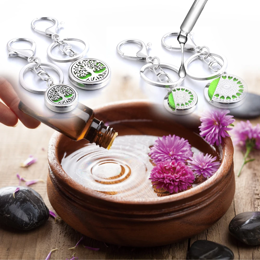 Aromatherapy Keychain Perfume Essential Oil Diffuser Key Chain DIY Aroma KeyRings Flower Tree Open Locket Diffuser Jewelry