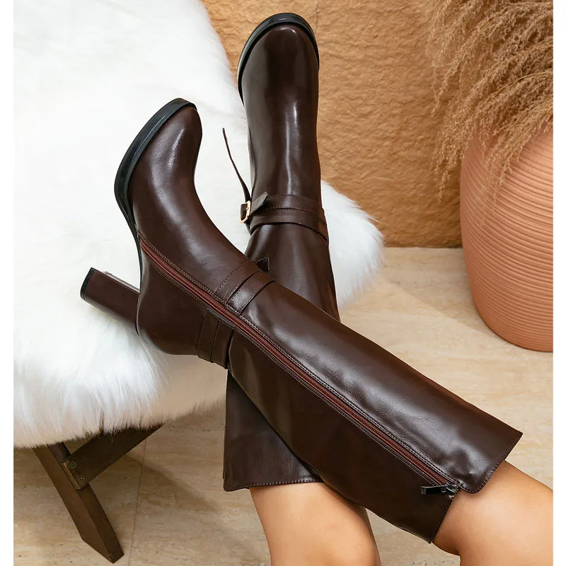 

Eilyken/Новая мода, женские сапоги до колена на квадратном высоком каблуке с пряжкой на ремне, модные осенне-зимние ботинки на молнии с круглым носком