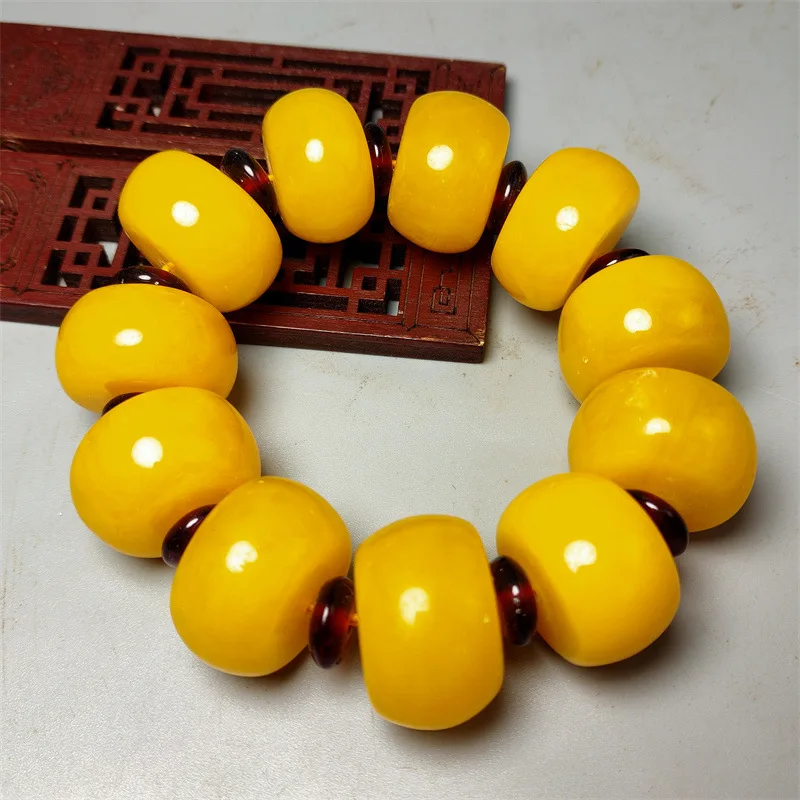 Antique High Imitation Beeswax Abacus Beads Bracelet Yellow Chicken Grease Beeswax Bracelet Buddha Beads Bulge Beads Barrel Bead