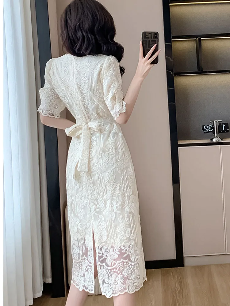 2024 Summer Elegant Flower Embroidery Dress Women Solid Color O-Neck Short Puff Sleeve Slim Waist Belt OL Party Dresses Vestidos