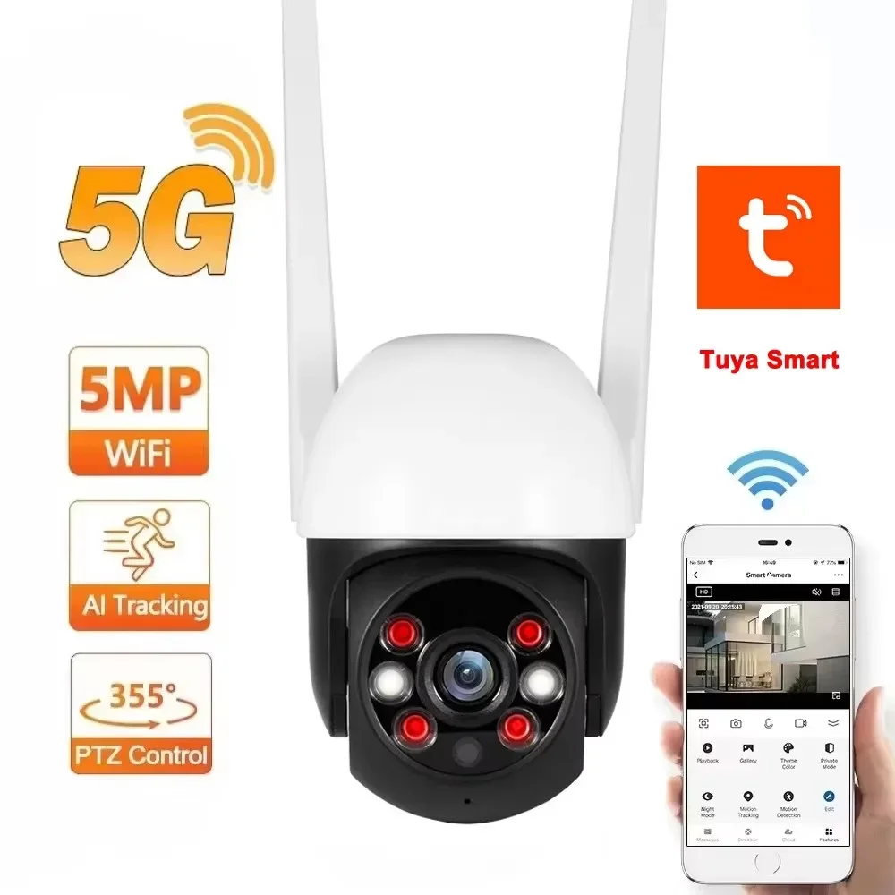 Tuya 5Ghz 2.4Ghz WiFi PTZ Camera 5MP Auto Tracking Security Camera Two Way Audio AI Human Motion Detect Wireless Baby Monitor