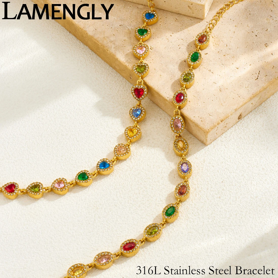 LAMENGLY 316L Stainless Steel Fun Colorful Zircon Inlay Oval Heart Series Connection Bracelet Women Noble Elegant Hand Chain