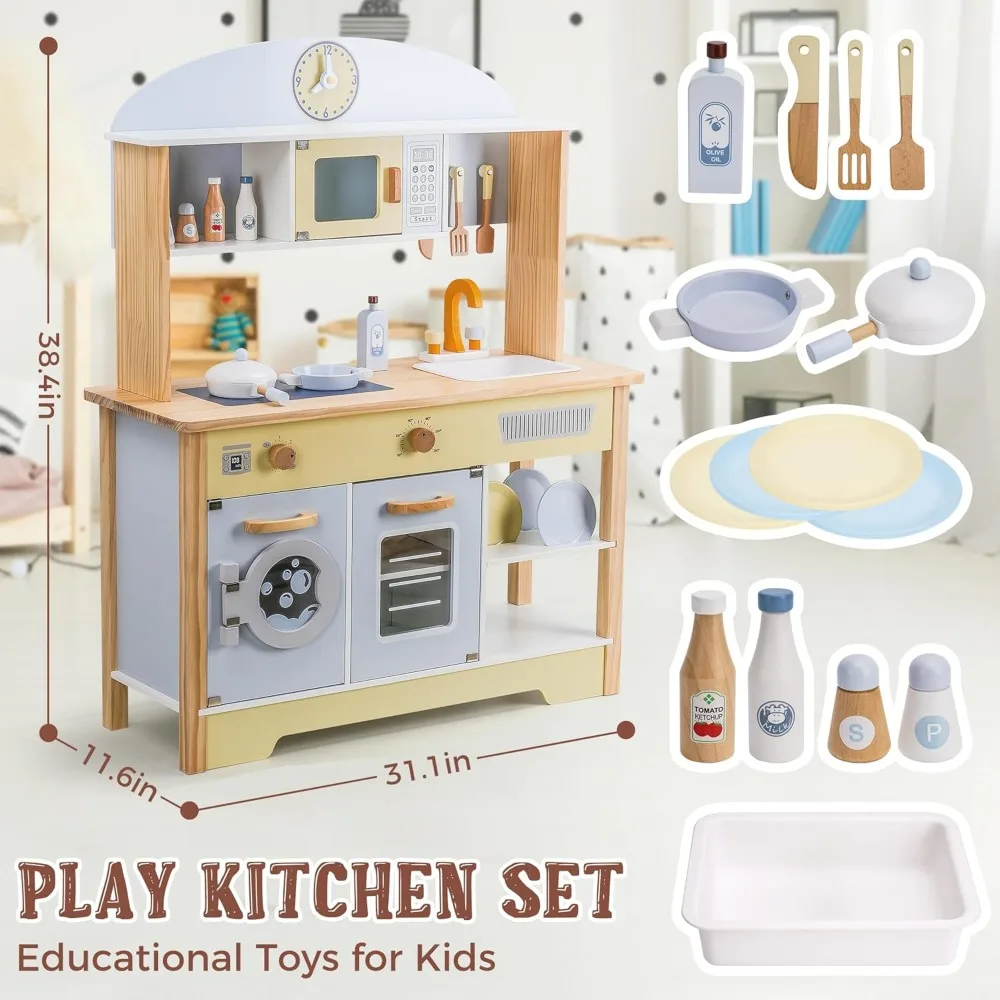 Set permainan dapur untuk anak usia 3-8, kayu bermain peran dapur dengan aksesoris memasak, dimensi: 38 "H x 31" W x 12 "D