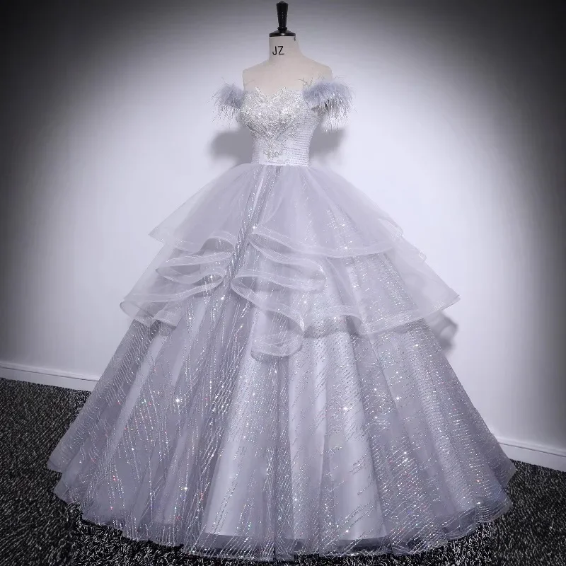 Women One Shoulder Evening Dress Embroidered Slim Puff Skirt For Student Art Test Solo Show Birthday Banquet Adult Ceremony