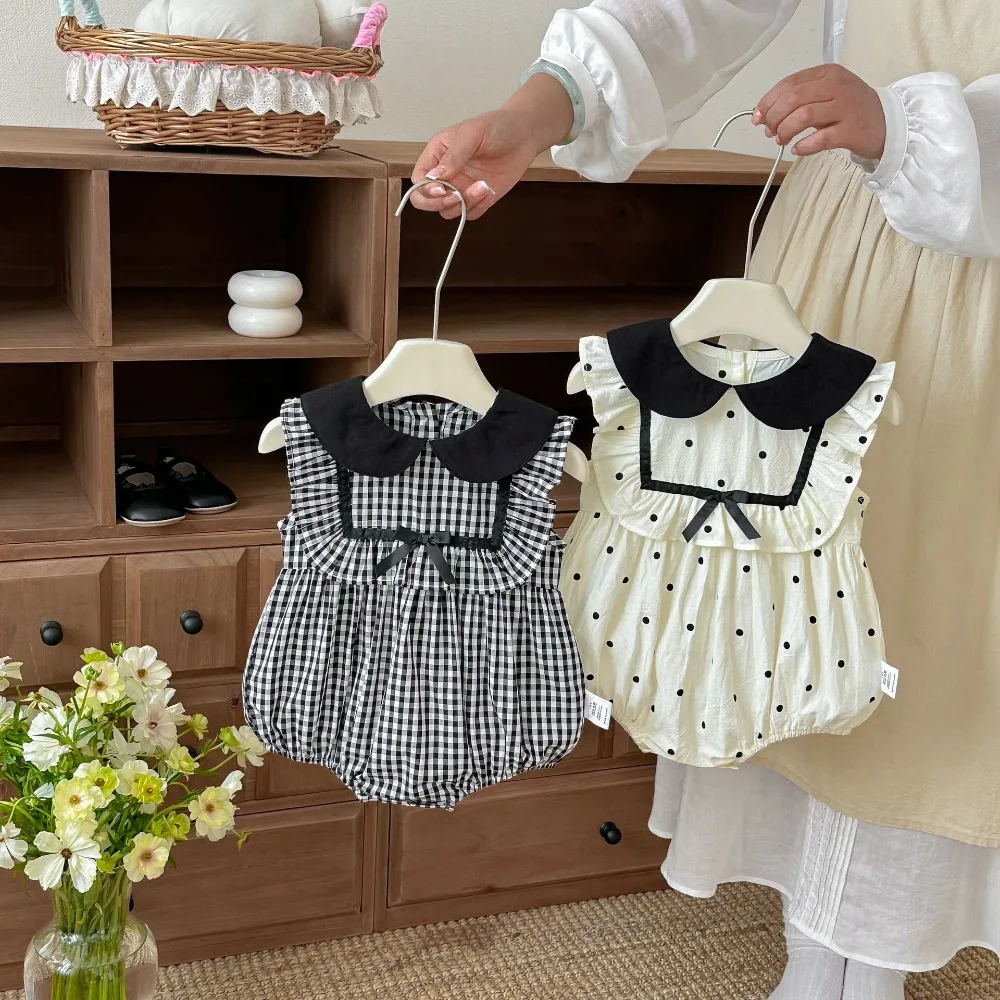 

INS Summer Baby Girl Plaid Romper 0-2Years Newborn Princess Sleeveless Peter Pan Collar Polka Dot Cotton Bodysuit Outfit Clothes