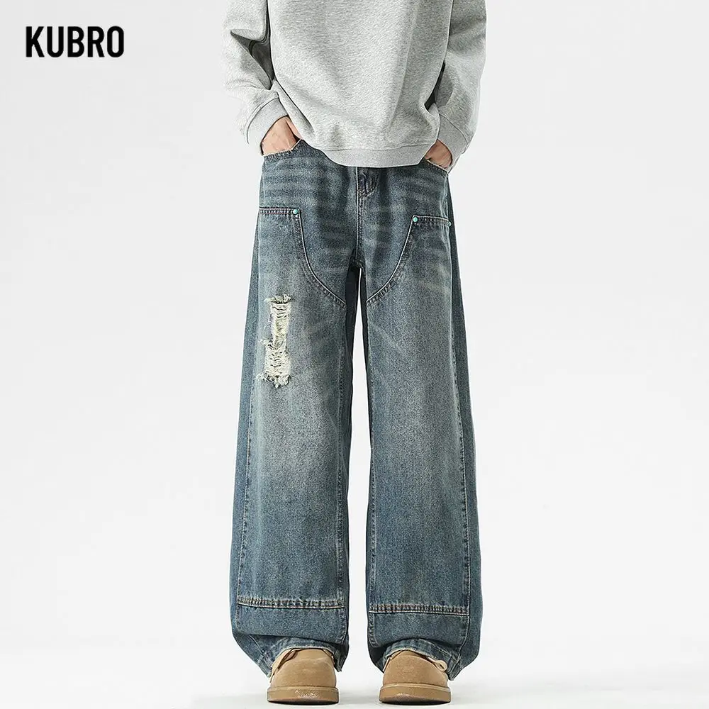 

Осенние новые стильные американские модные брендовые свободные прямые джинсы, рекомендуемые Интернет-знаменитости для крутых и стильных мужчин.