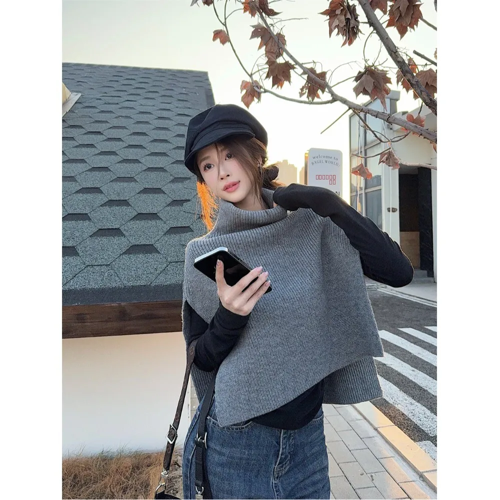Autumn Winter High Ne Irregular Knitted Sweater Coat Women's Versatile Pamina Scarf Ne Warmer Pure Color Elastic Fiber