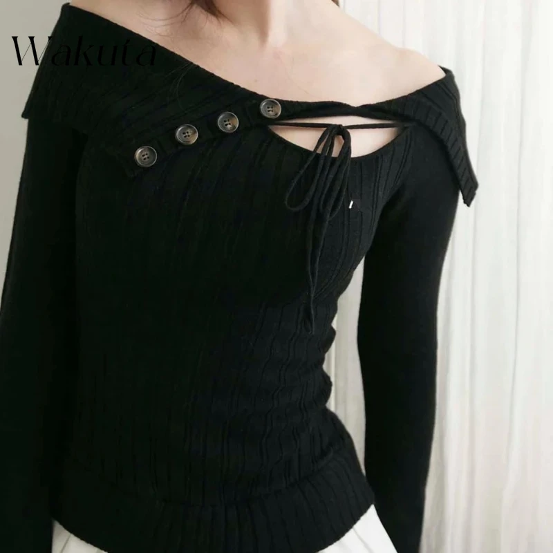 WAKUTA JapaneseAutumn Winter One-line Collar Strapless Sweet Knit Dress Fashion Hem Pleated Mini Skirt Casual Jumpsuit Female