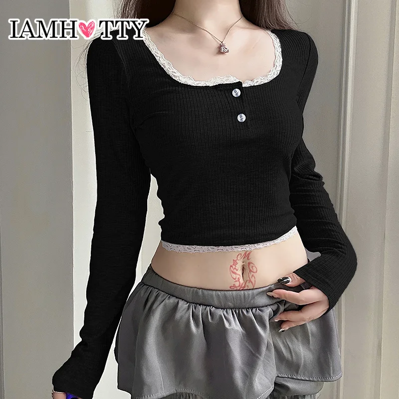 IAMHOTTY Cute Contrast Lace Stitching Cropped Top Black Coquette Aesthetic Long Sleeve T-shirts Y2K Button-up Square Collar Tees