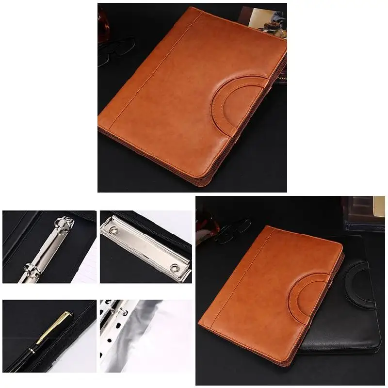 Carpeta multifuncional A4, bolso de cuero PU con cremallera para Notebook, viaje de negocios