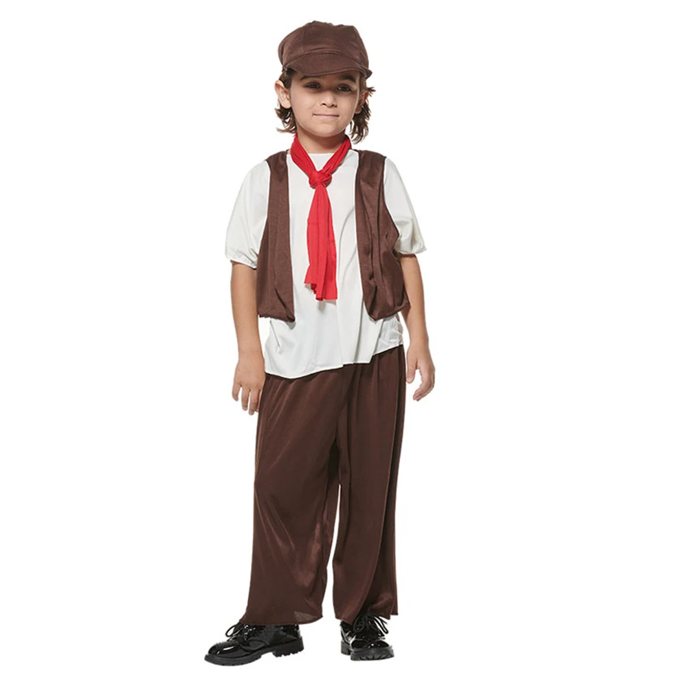 Costume da lavoro medievale vittoriano Cosplay Poor Boy Kids Boys Roleplay Hat Neck Tie Vest Pants Set completo abbigliamento Halloween Suit