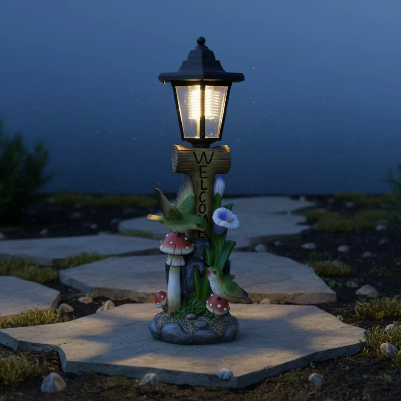 Figura de Resina de Ave para Jardín, Pintada a Mano, Lámpara Solar de Bienvenida, Estatua de Poste de Lámpara Solar para Jardín, Resistente a la Intemperie para Patio y Jardín