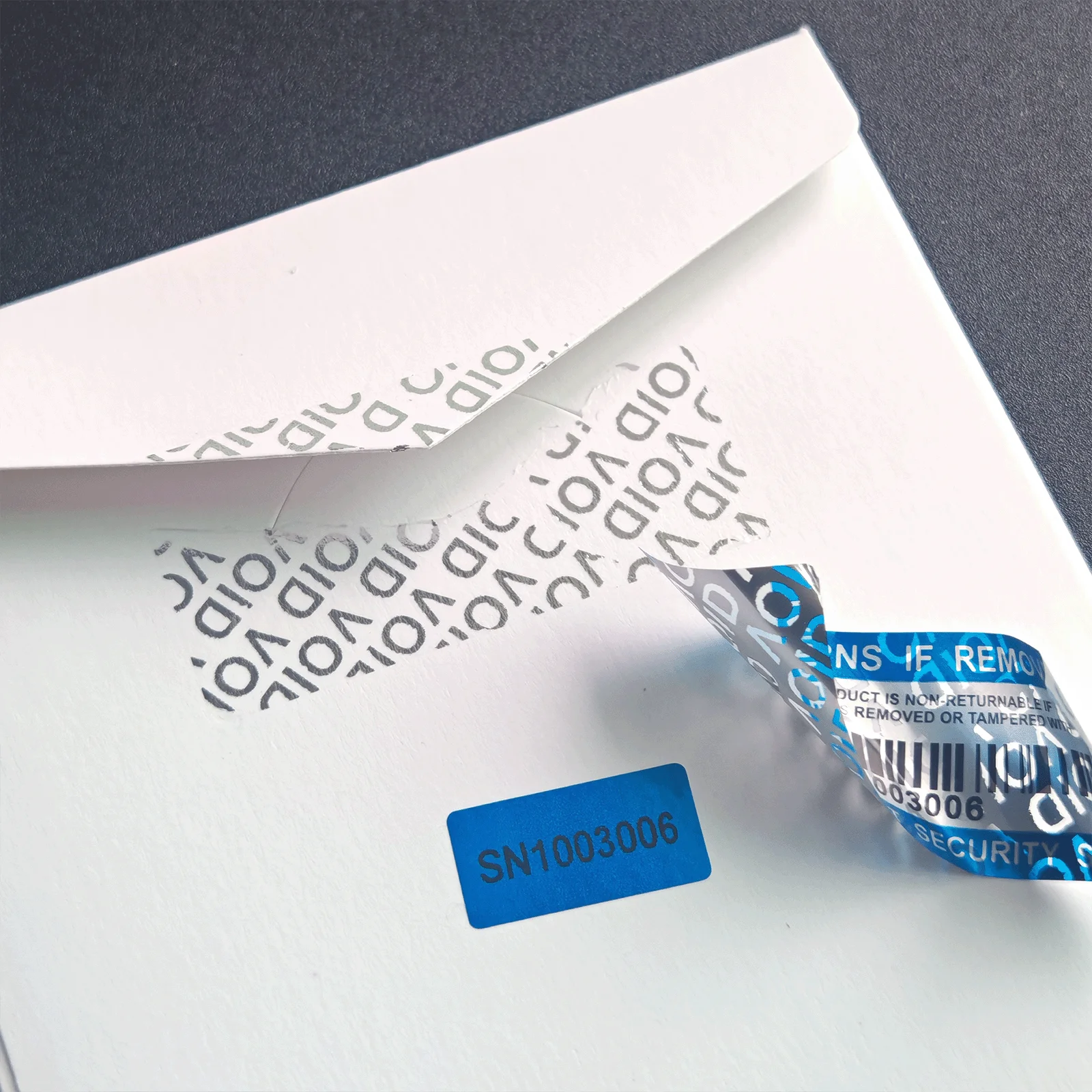 Matte Silver PET Void Tamper Evident Stickers Dual Serial Number Barcode Waterproof Warranty Void Security Labels