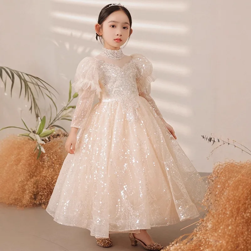 Children's Evening for Girls Champagne Color Host Birthday Light Luxury Princess Little Girl Piano Performance Dress