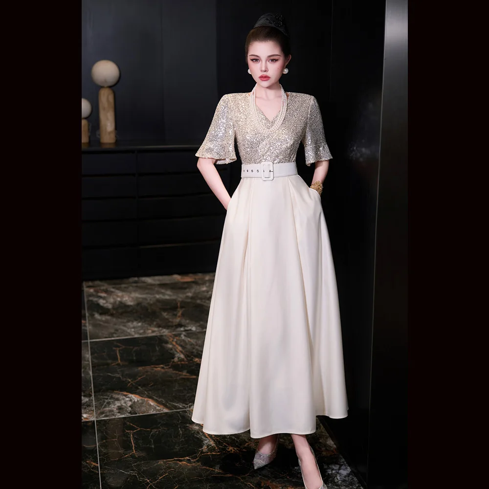 

Meyyithun Women's V-neck Short Sleeve Sequin Evening Dress Glitter Party Gown 20251113MX01