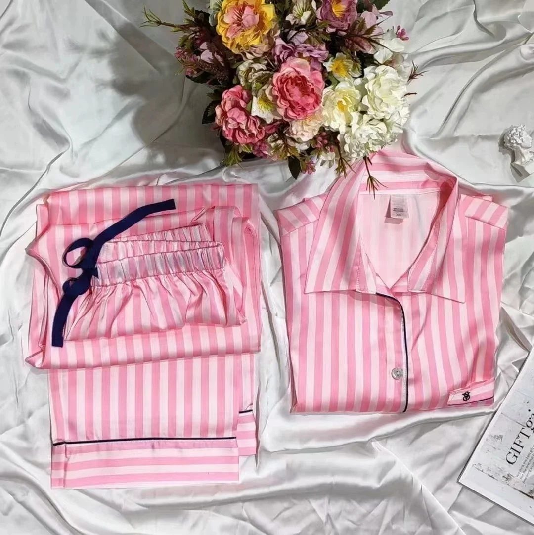 High Quality Sleepwear Victorian Pink Silk Satin Pajamas for Women\'s Spring Autumn Long Sleeved Home Wear 2-piece Set Nightwear