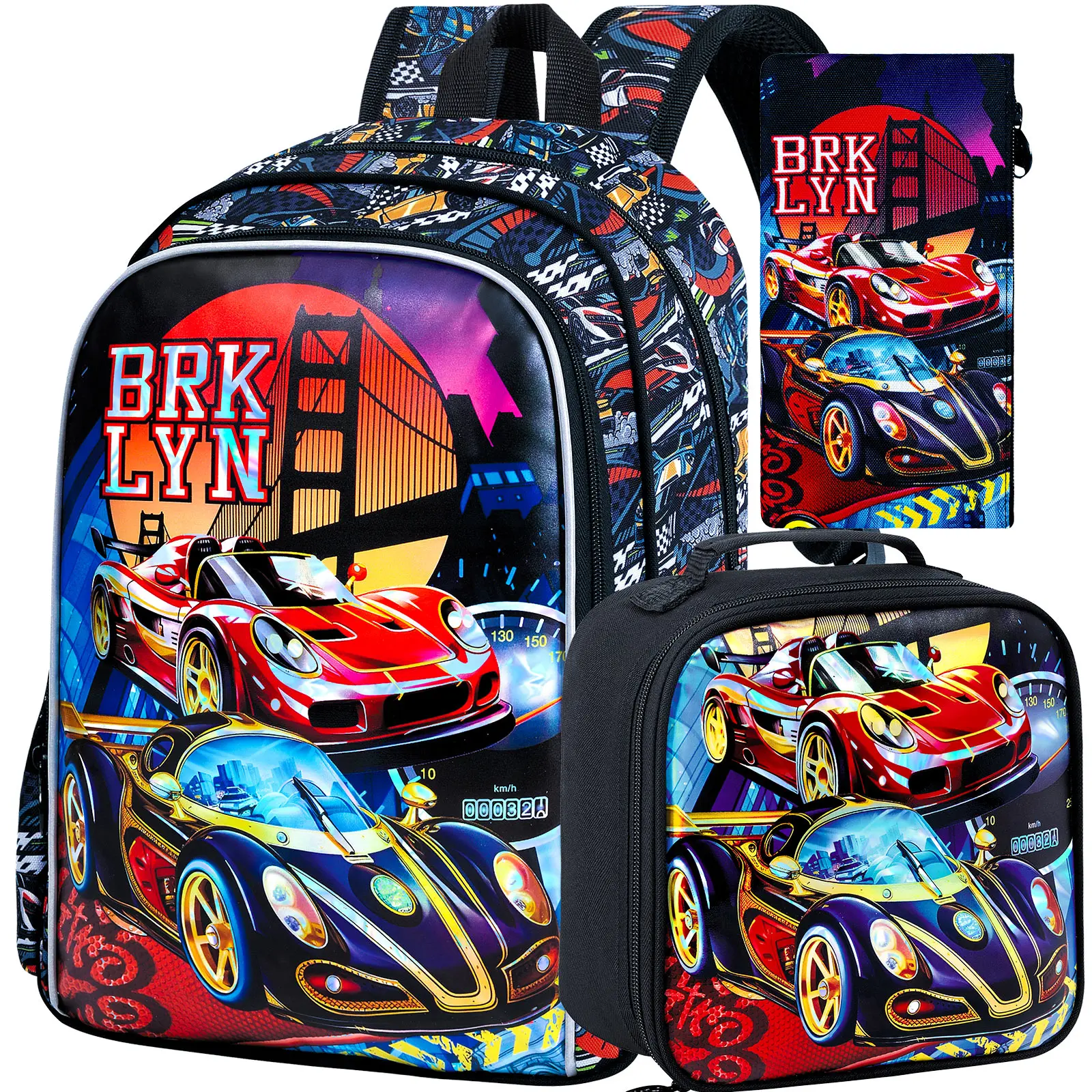 

3PCS Boys Racing Car Backpack, Kids Bookbag with Lunch Box, Water Resistant School Bag for Elementary Preschool Toddler