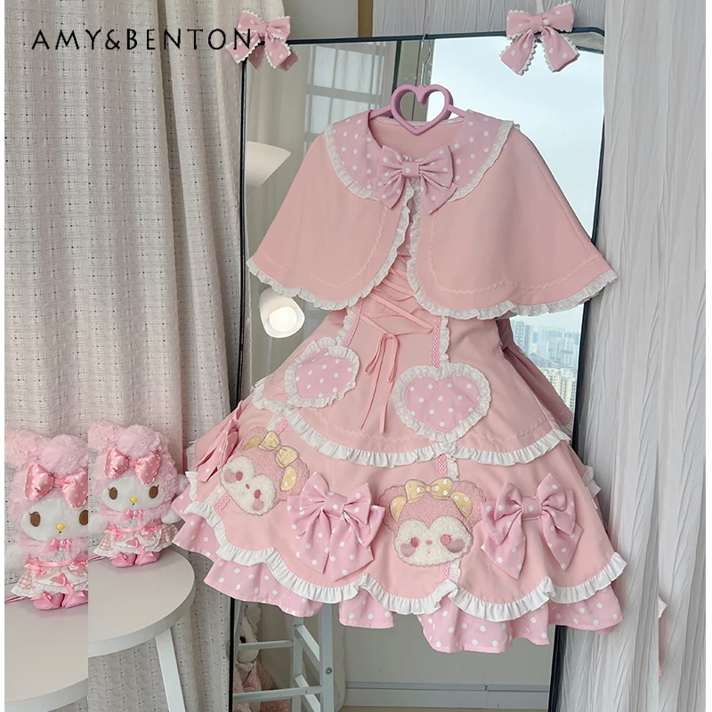 Polka Dot Bear Sticker Cartoon Embroidery Sweet Cute Lolita Suspender Dress Kawaii Bow Splicing Color JSK Tutu Dress for Women