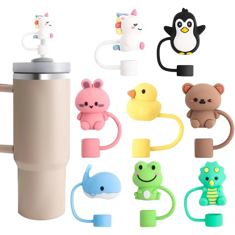 Cute Animal Silicone Straw Cover Caps Set of 8 Pieces for Stanley 30 oz and 40 Oz Tumblers Reusable Straw Topper Tips in Adorable Fun Shapes Perfect for 0.4 Inch 10mm Diameter Straws Leak Proof Dust Protection Drink