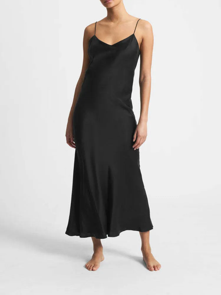 

100% Silk Women Spaghetti Strap Midi Dress V-Neck Sleeveless Summer 2024 Female 2 Colors Sling Robes