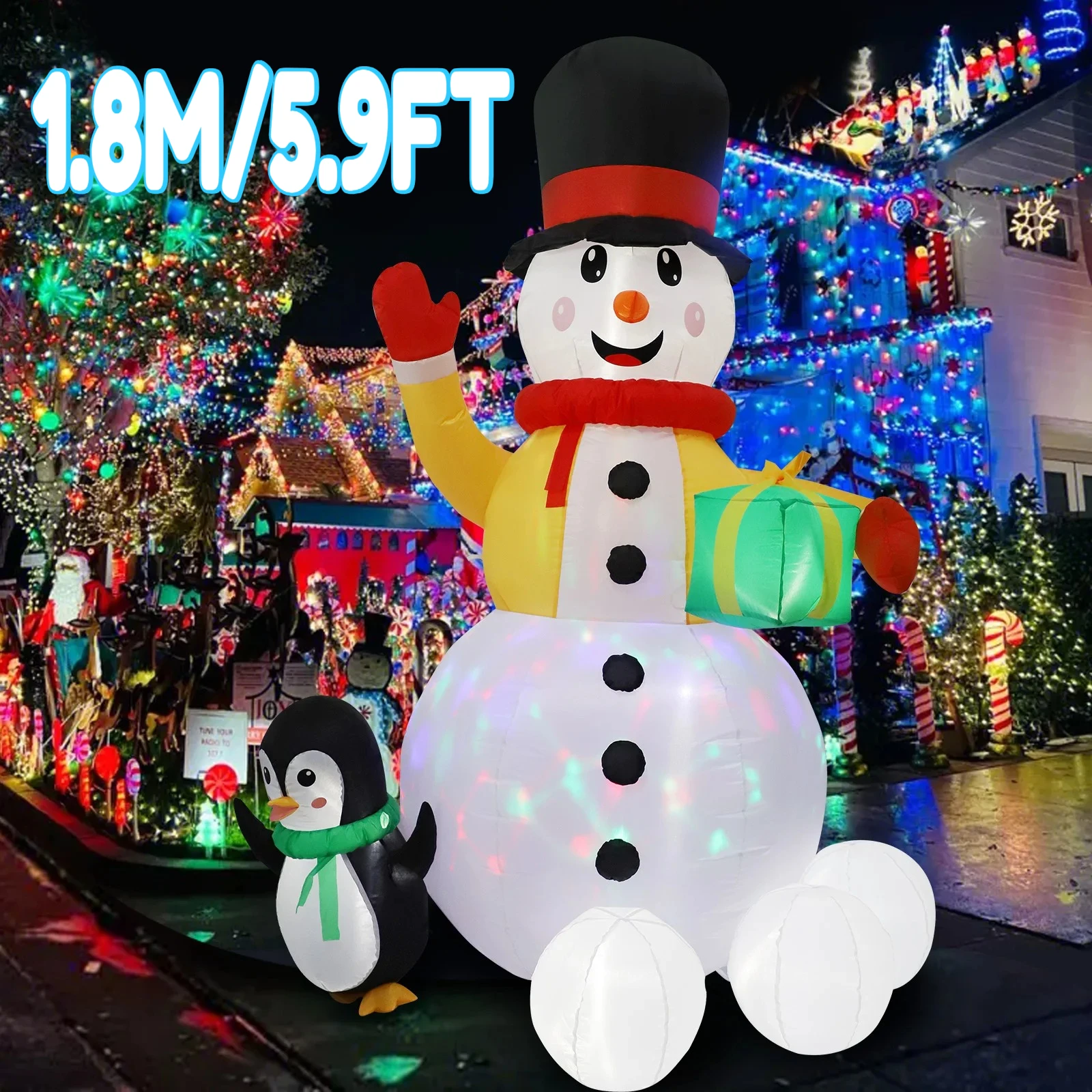 1.8M/5.9FT Inflatable Snowman Penguin Holding Gift Light LED Home Holiday Lighting Decoration Yard Xmas Supplies Garden Ornament