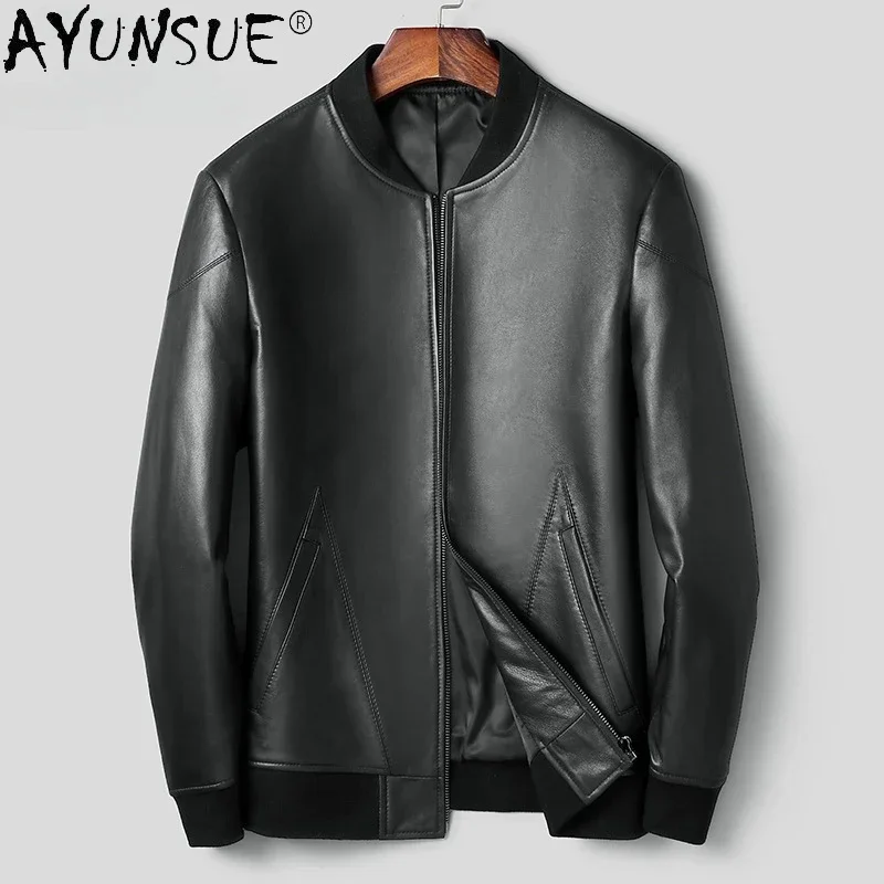 

Genuine AYUNSUE Mens Leather Jacket Real Sheepskin Man Casual Slim Baseball Coats Jaqueta De Couro Masculino