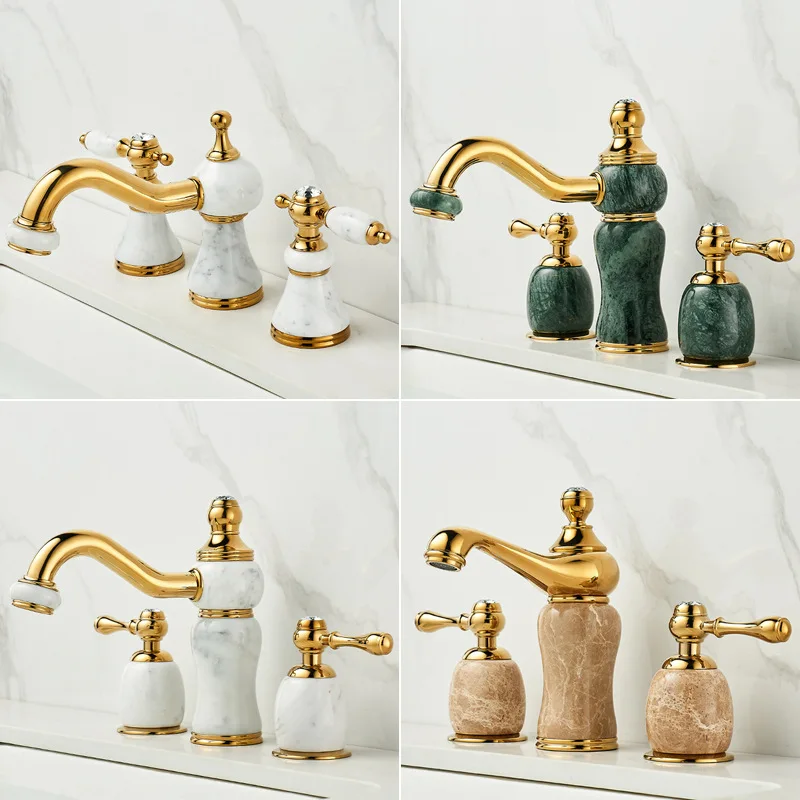 

European bright gold all-copper washbasin split double handle three-hole bathroom cabinet marble washbasin hot and cold faucet