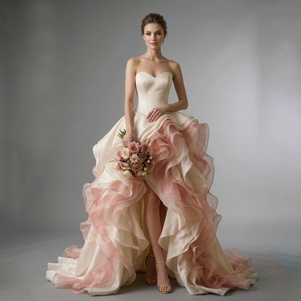 Luxury High Low Bridal Gown Layered Ruffles Organza Skirt Strapless Pink Ivory Wedding Dress for Photo Shoot Engagement YD260924