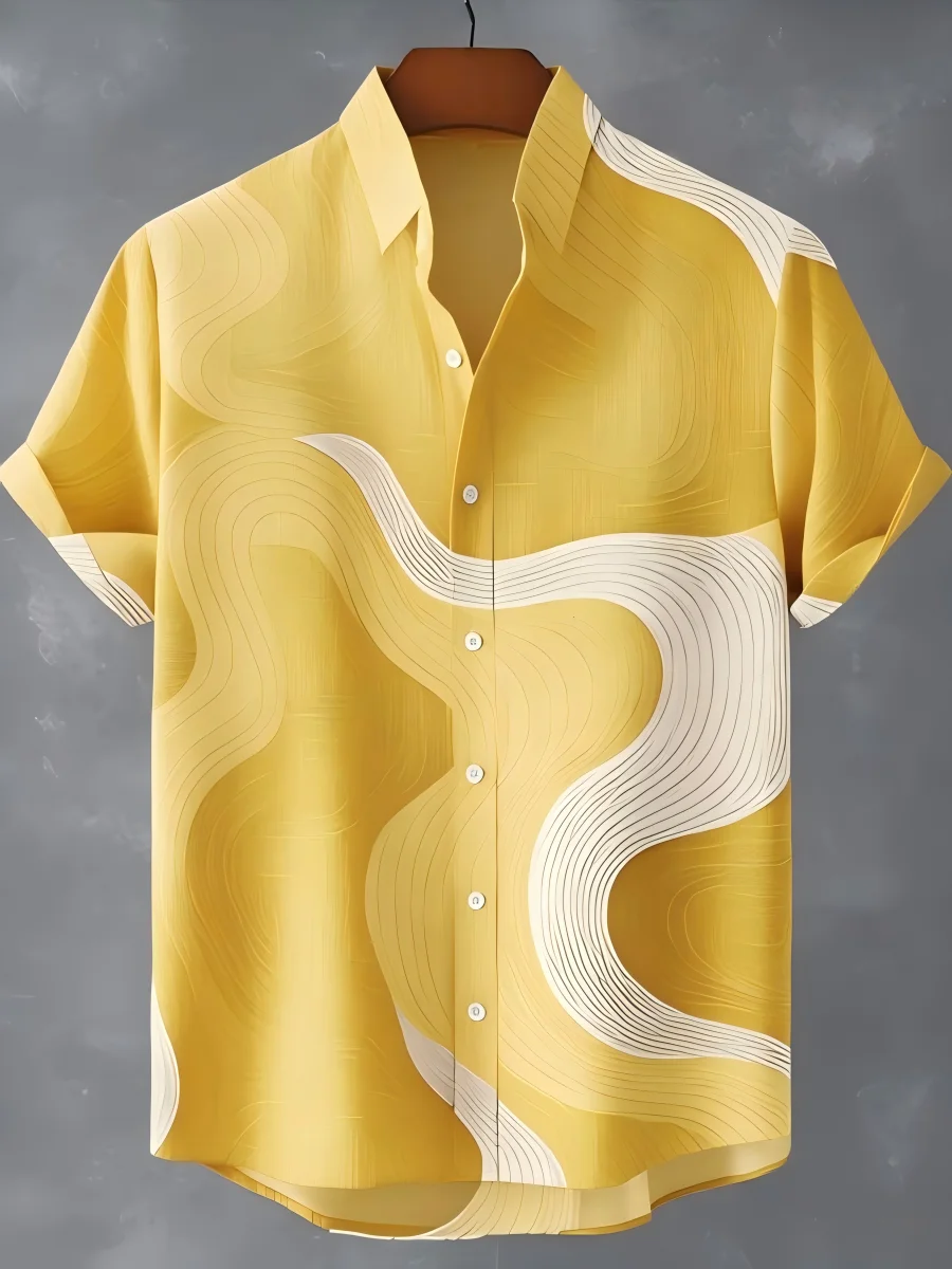 Soft Pink Curved Line Abstract Texture Pattern Unisex Short Sleeve Blouse Camp Collar Loose Vacation Shirt