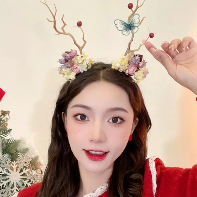 Christmas Antler Headband Fairy Flower Berry Tree Branch Cosplay Hairband Festival Party Props Christmas Headband DecorationbyKI