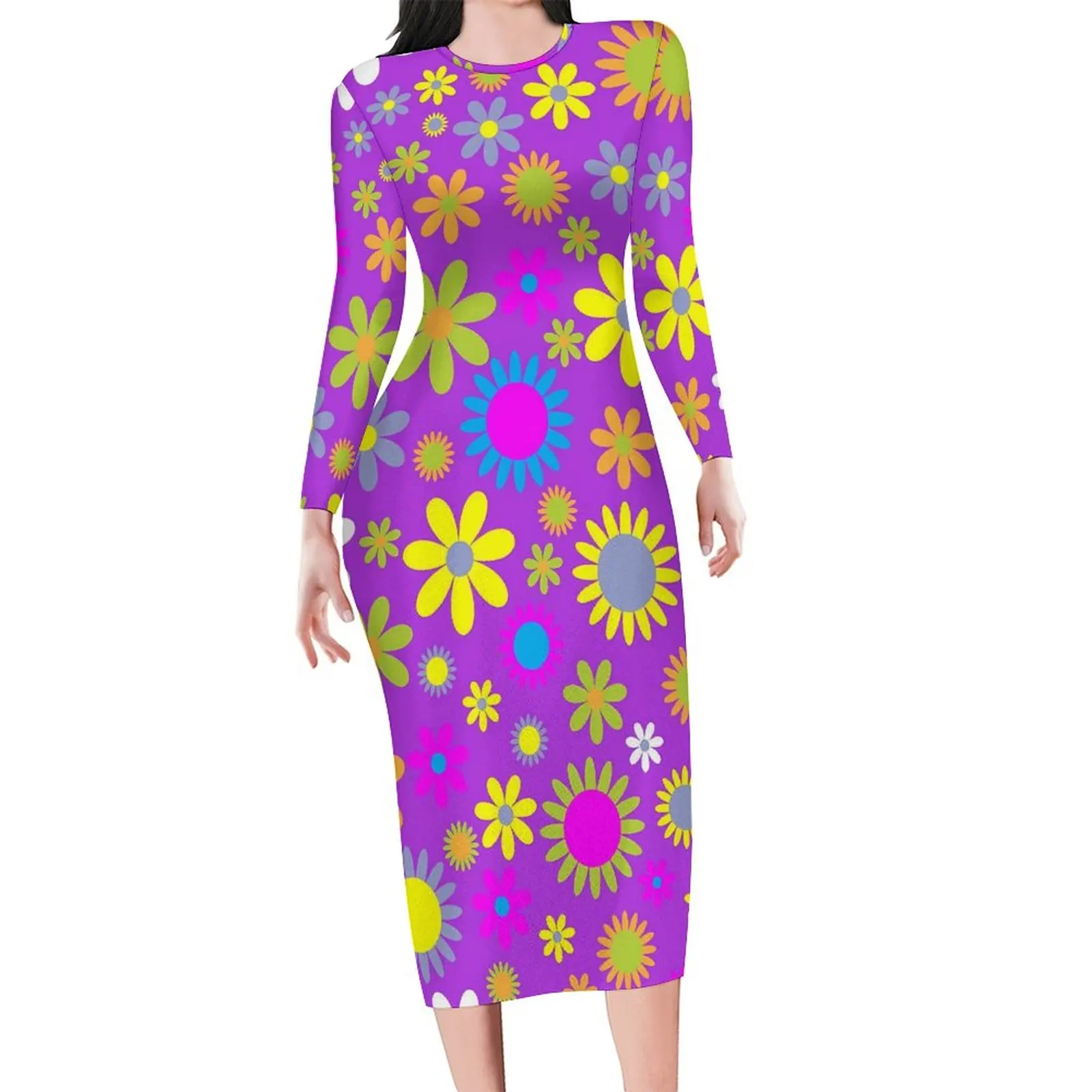 Flower Power Dress Long Sleeve Retro 1960s Elegant Dresses Spring Ladies Street Fashion Graphic Bodycon Dress 3XL 4XL 5XL