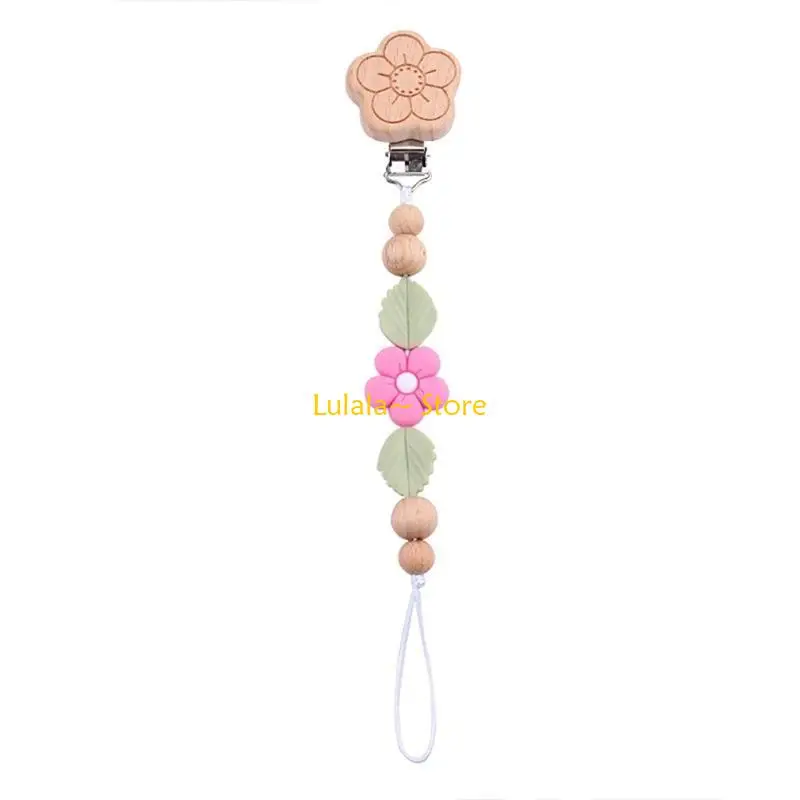 

Y4QA Baby Pacifier Clip Chain Wood+Silicone Teether Holder Belt Infants Teething Toy Strap Crib Pendant Toy Organiser