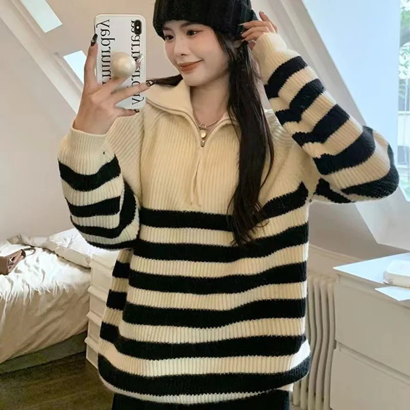 Maglione di lana a maniche lunghe con cerniera a collo semi-alto di grandi dimensioni da donna Autunno 2024 Nuova moda allentata Top Tide