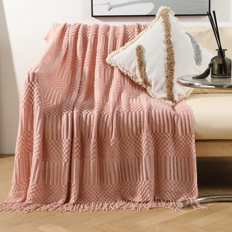 Soft Knitted Bubble Pattern Throw Blanket with Long Tassels Multi-purpose Decor Couch Cover Portable Rest Blanket For Home Daily