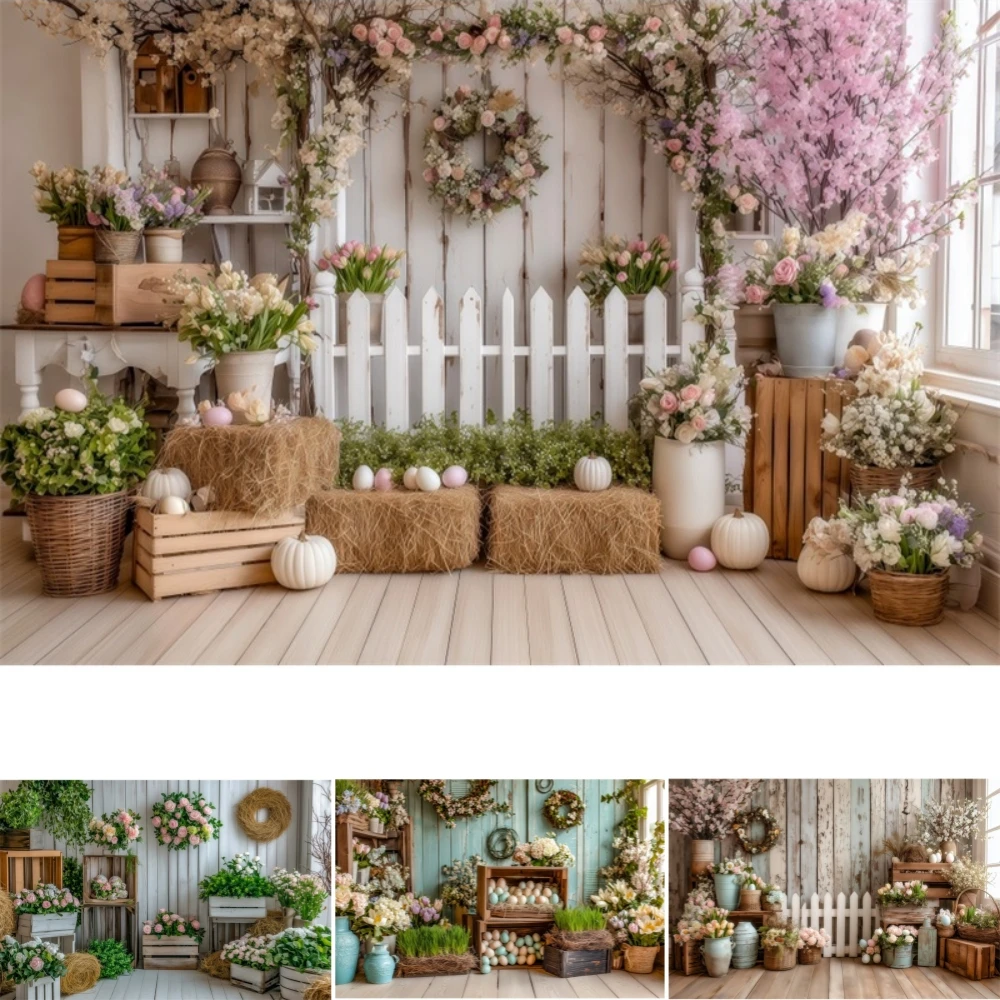 

Spring Easter Garden Backdrop Decor Indoor Window Fence Flower Egg Bunny Children Family Portrait Photography Background Props