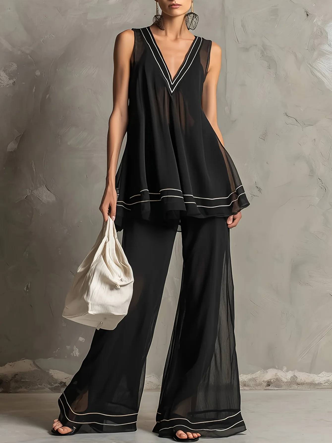 

Fashion Chiffon V-neck Sleeveless Women's Tops 2-piece Summer Casual Loose Wide-leg Trousers Female Elegant Office Trousers Set