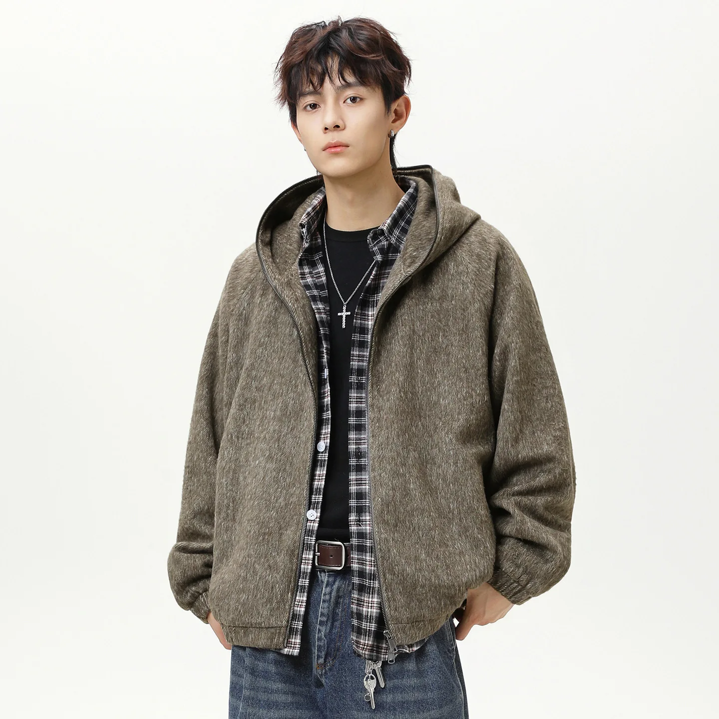 

Lazy Fashion Style Mohair Hooded Jacket For Men Autumn And Winter Loose Woolen Jacket American Cardigan Sweatshirt Handsome FLIU
